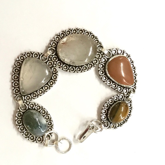 Five BIG Gemstones Bracelet Moss Agate Sandstone Quartz Tiger’s Eye 8” Boho - Picture 6 of 11